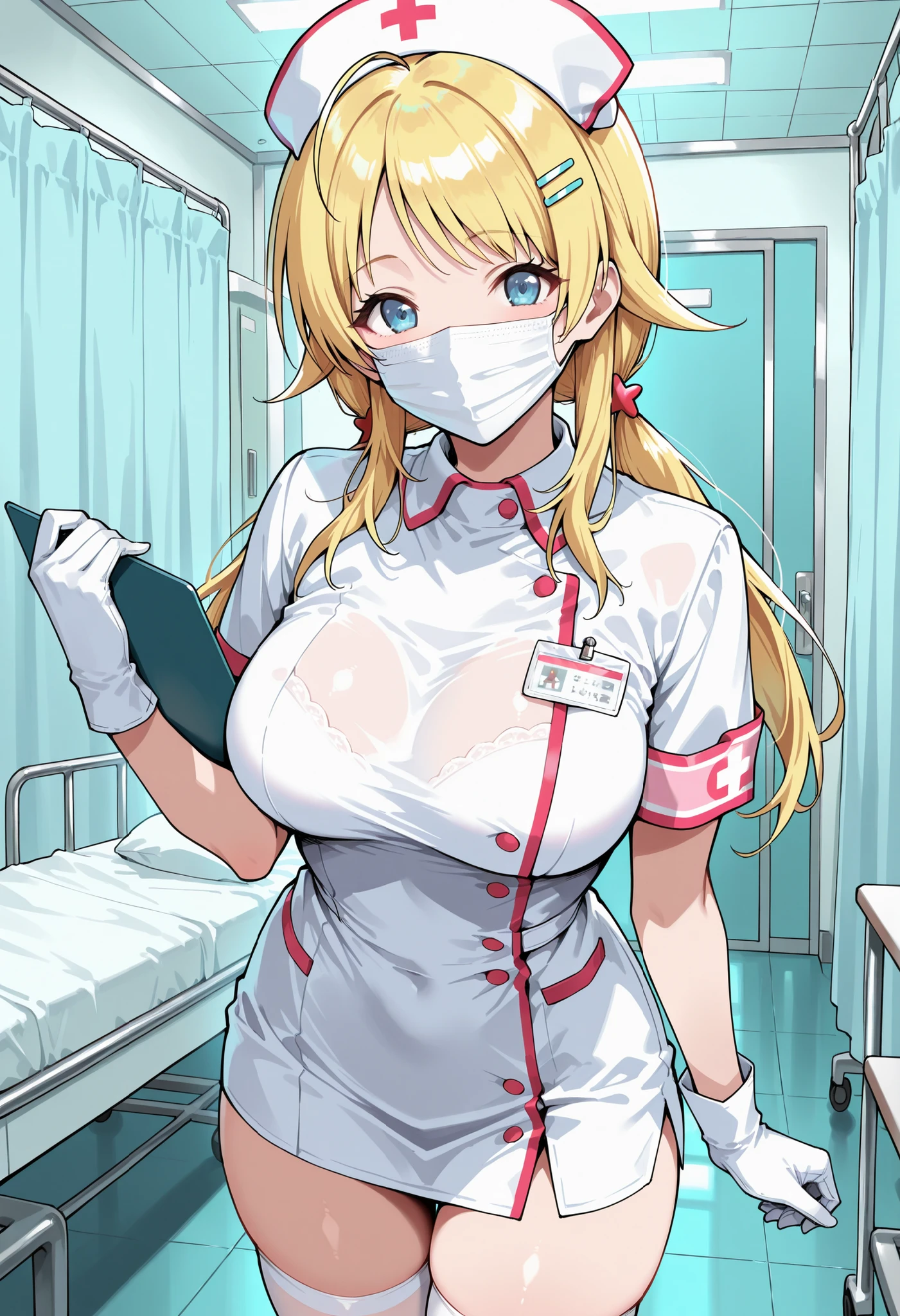 1woman, solo, nurse, white nurse cap, white nurse uniform, ((white legwear, zettai ryouiki)), white gloves, blonde hair, blue eyes, ((white surgical mask, covered nose)), standing, ((hospital room)), sharp outline, short sleeves, mature female, 35 years old, best quality, masterpiece