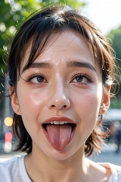 Tabletop,,Awards - Winning Photos, Very detailed, Face close-up、Keep your eyes focused, Nose and mouth,Face Focus, Woman with open mouth and closed eyes, Close-up of face focus、Age 35,Black-haired、Symmetrical face,Realistic nostrils、Angle from below、Elongated C-shaped nostrils、Sweaty skin、Lighting that emphasizes skin shiny with sweat、((Sharp Nose))Skin shiny with sweat、Shiny skin、Big eyes、double eyelid、(My tongue is wet and shiny) ((Wet tongue)) ((Berokisu))locker room,