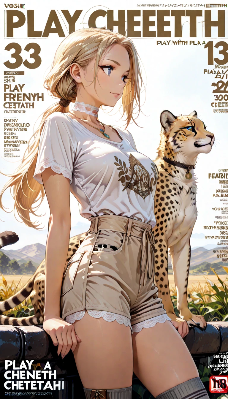 1girl, solo, rainforest background, outdoors, jungle, fullbody, standing, leopard girl, gyaru, blonde, ((tan skin)), leopard ears, tail, leather, leg bent, straps, belt, buckle, leather bag, knee bent, dynamic pose, mature woman, cleavage <lora:disgaeastyle:1>