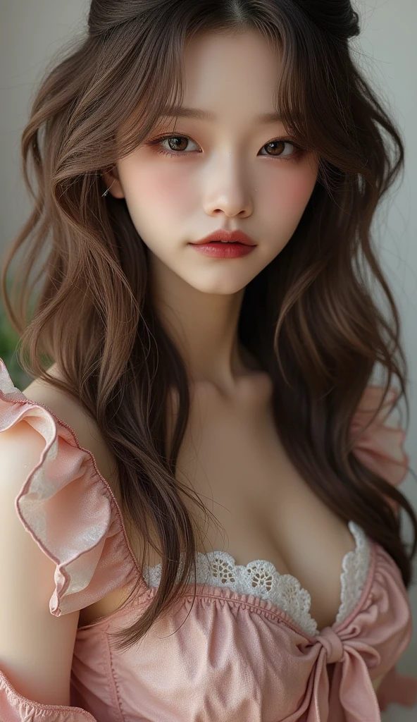 Brown hair long，Close to face，Chinese big eyes girl with lipstick on her lips, Realistic scene style, Light orange and light maroon, I can't believe how beautiful this is, pixar-style,  pixar-style, pixar-style, pixar-style,Light white and dark pink, cartoon character