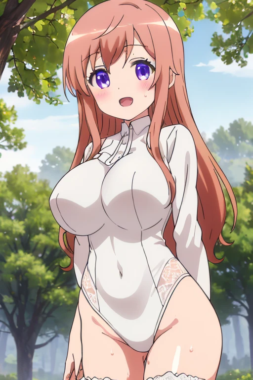 inoue orihime, inoue orihime, Long hair, Orange hair, (Brown eyes:1.5), looking at the viewers, BREAK (masutepiece:1.2), Best Quality, High resolution, Unity 8k壁纸, (Illustration:0.8), (Beautiful detailed eyes:1.6), extra detailed face, Perfect Lighting, extremely details CG, (Perfect hands, Perfect Anatomy),Smile with open mouth、( Fully exposed,,:1.5),(teats:1.3),plein air、outside of house、(huge-breasted:1.3), (爆乳:1.3)、is standing、plein air、blue-sky, shiny oily skin with high contrast,, huge long breasts,, (white panties:1.3)、(Fully exposed panties:1.5)、cowboy shot、Bare neck、