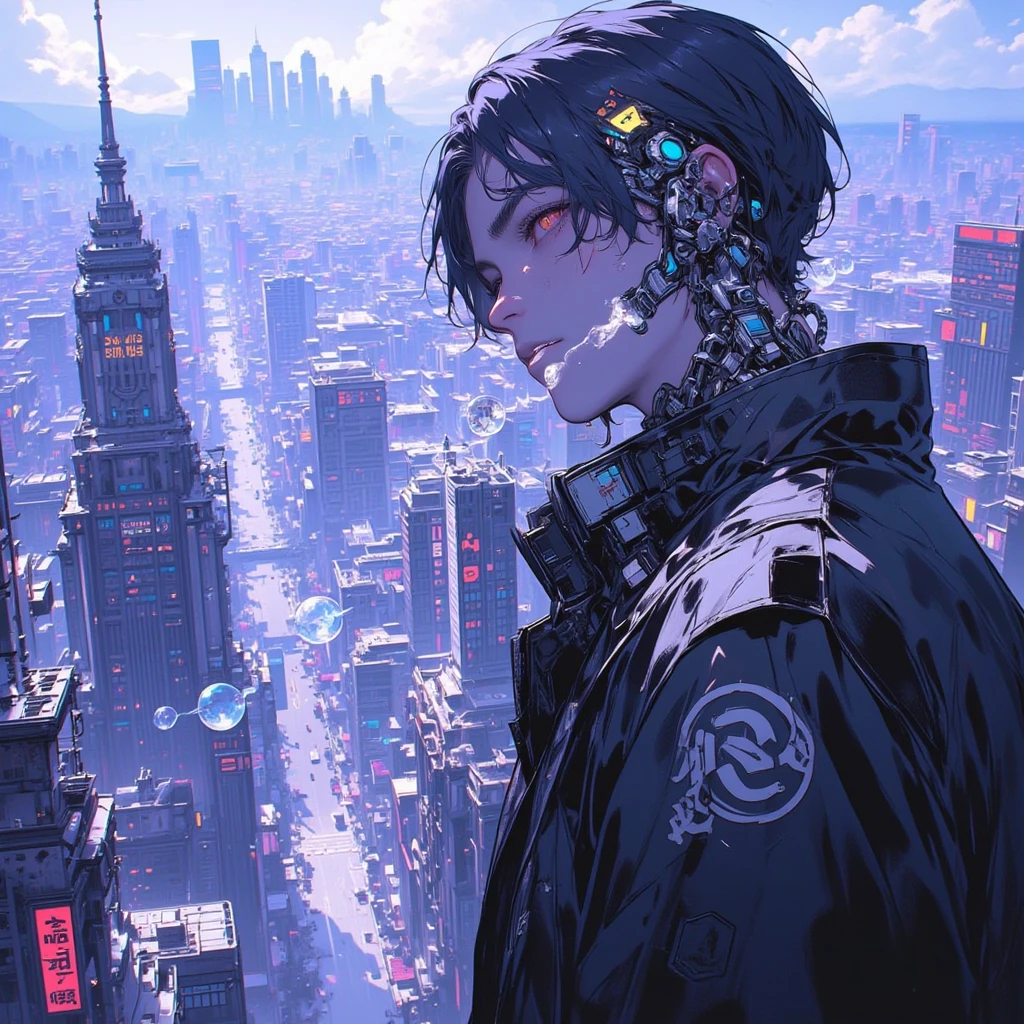 Cyberpunk male, fantasy world, dark background, clean design, epic instagram, artstation, colorful paint splatter, silhouette, hyper detailed intricate details, unreal engine, fantasy, intricate details, splash screen, complementary colors, Fantasy concept art, 8k resolution, deviantart masterpiece, oil painting, heavy strokes, paint dripping, (isolated on white background: 1.3), rainbow skin, (((handsome young man))), ((teenage:1.5) ), (glowing blue eyes), ((light eyes)), ((((short white hair: 1.1))), ((black clothes)), (prince\\(indifferent expression\\),, ( ((Wears high detail luxurious black robe))), white hair, frost magic, ((chest) --v 6