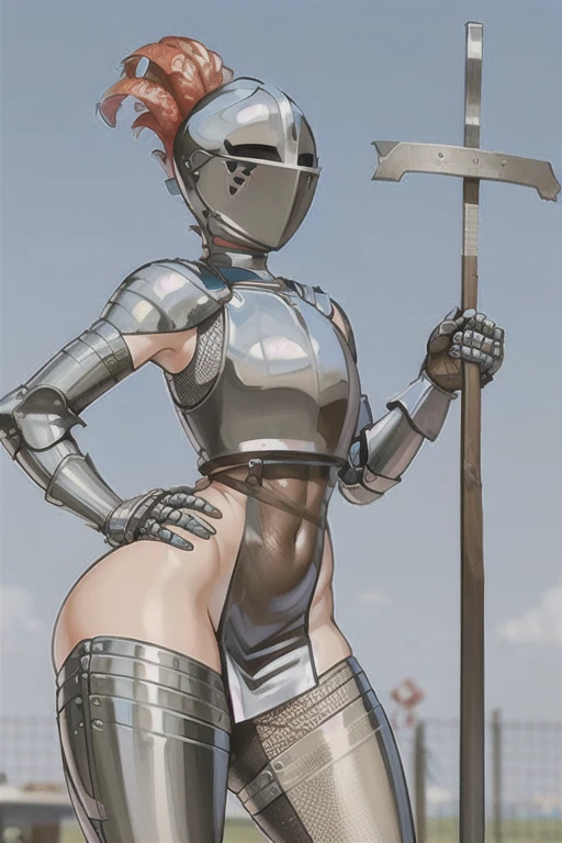 kardia, 1girl, solo, standing, armor, helmet, faceless, thighhighs, gauntlets, knight, visor \(armor\), plume, wide hips, heart, looking at viewer, facing viewer, ((heart))