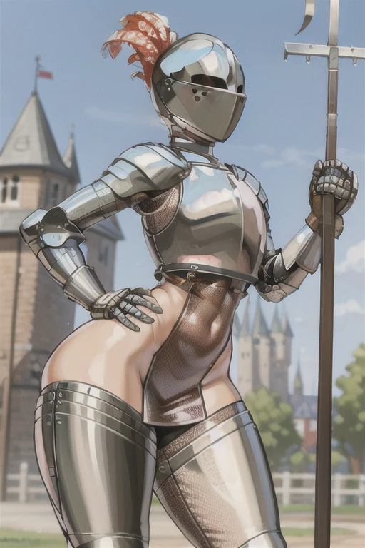 kardia, 1girl, solo, standing, armor, helmet, faceless, knight, visor \(armor\), plume, heart, breastplate, castle, medieval, thigh strap, standing, ((spear, holding spear)), hand on hip, ((hip armor, chainmail, latex shorts, full armor, tabard)), facing viewer, looking at viewer fat ass, from behind,