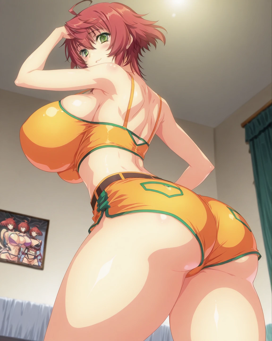 ((master piece, Pixels are perfect, superfine illustration, top-quality, masterpiece, The ultra -The high-definition, Top resolution)), ((Woman with beautiful anime face:1.3, very detailed face and eyes:1.1)), ((1 lady:1.7)), ((solo lady:1.7)), alone lady, semi-nude, SFW, Looking down:1.5, (Spread your legs:1.7), (Arms Behind Your Head:1.7), (Sticking Out Your Crotch), (bulge in the crotch area), (gigantic sagging breasts:1.6), (gargantuan butt:1.6), (Curvaceous wide hips:1.6), Curvaceous physique, Plump, Short body:1.5, (1980s \(Style\):1.5), (((DIRTYPAIRKEI, DARK SKIN, DARK-SKINNED FEMALE, HEADBAND, UNIFORM, CROP TOP:1.3))), (((cleavage:1.3, Tight crop top:1.3))), (((Knee High Boots))), Crimson Wolf Short, ((Anime art style of the 1990s)), (From below:1.7), flat lighting:1.5, (((Front Light))), (((lighting forward))), (((lighting front))), ((inside in room))