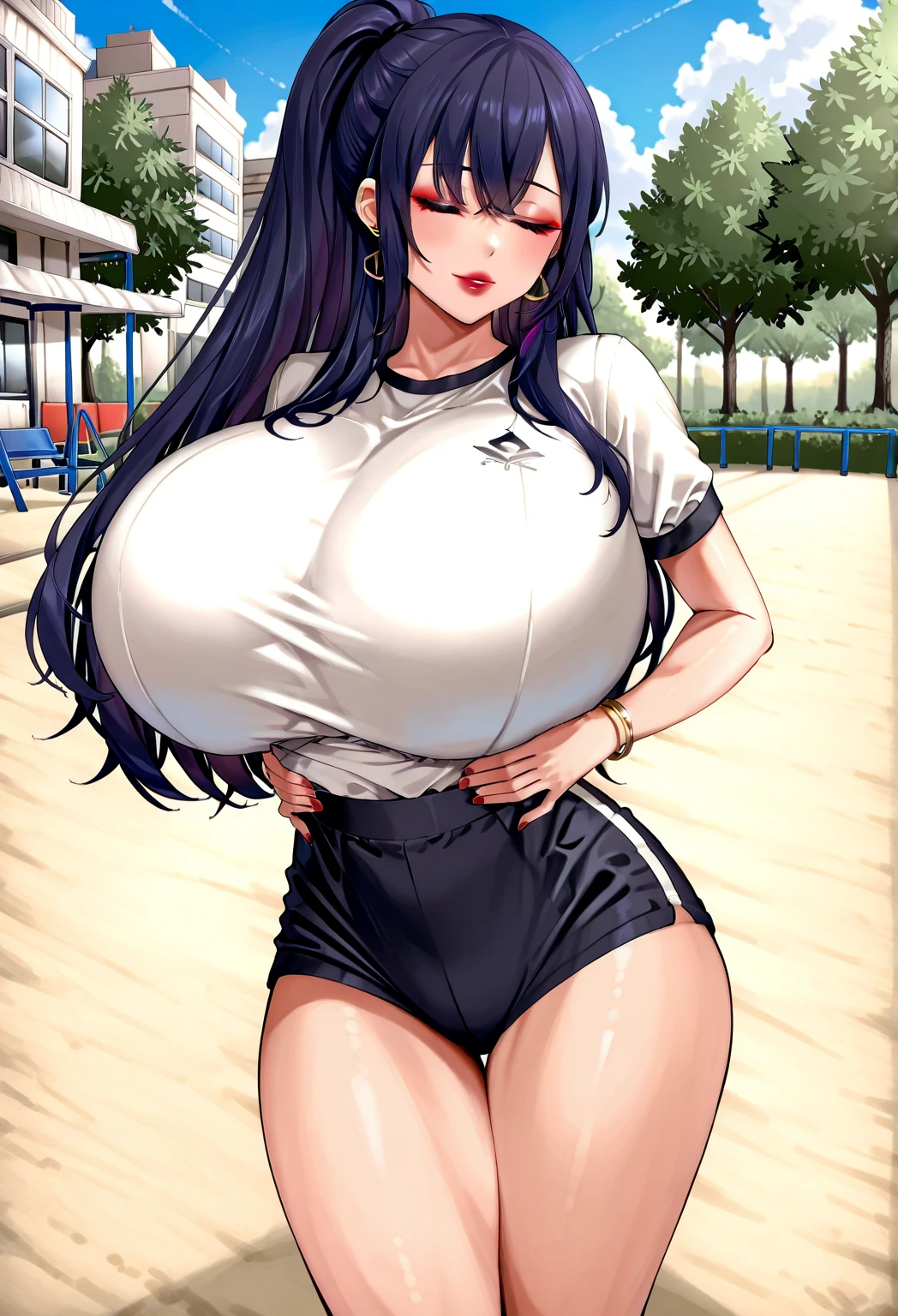 masterpiece, best quality, kumashiro maya, 1girl, solo, breasts, cleavage, long hair, white headband, parted bangs, blue eyes, looking at viewer, sweat, large breasts, business suit, collared shirt, pleated skirt, flashy gyaru, happy, showy,too many accessories, colorful , kogal, kogal gyaru