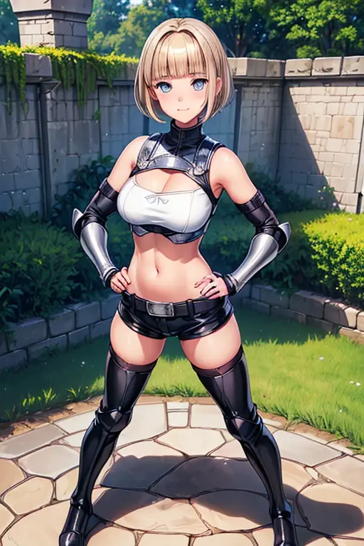 Adult woman, short blonde hair, high ponytail, cat ears, blue eyes, leather armor, open belly, smirk, rage, sword, masterpiece, high quality