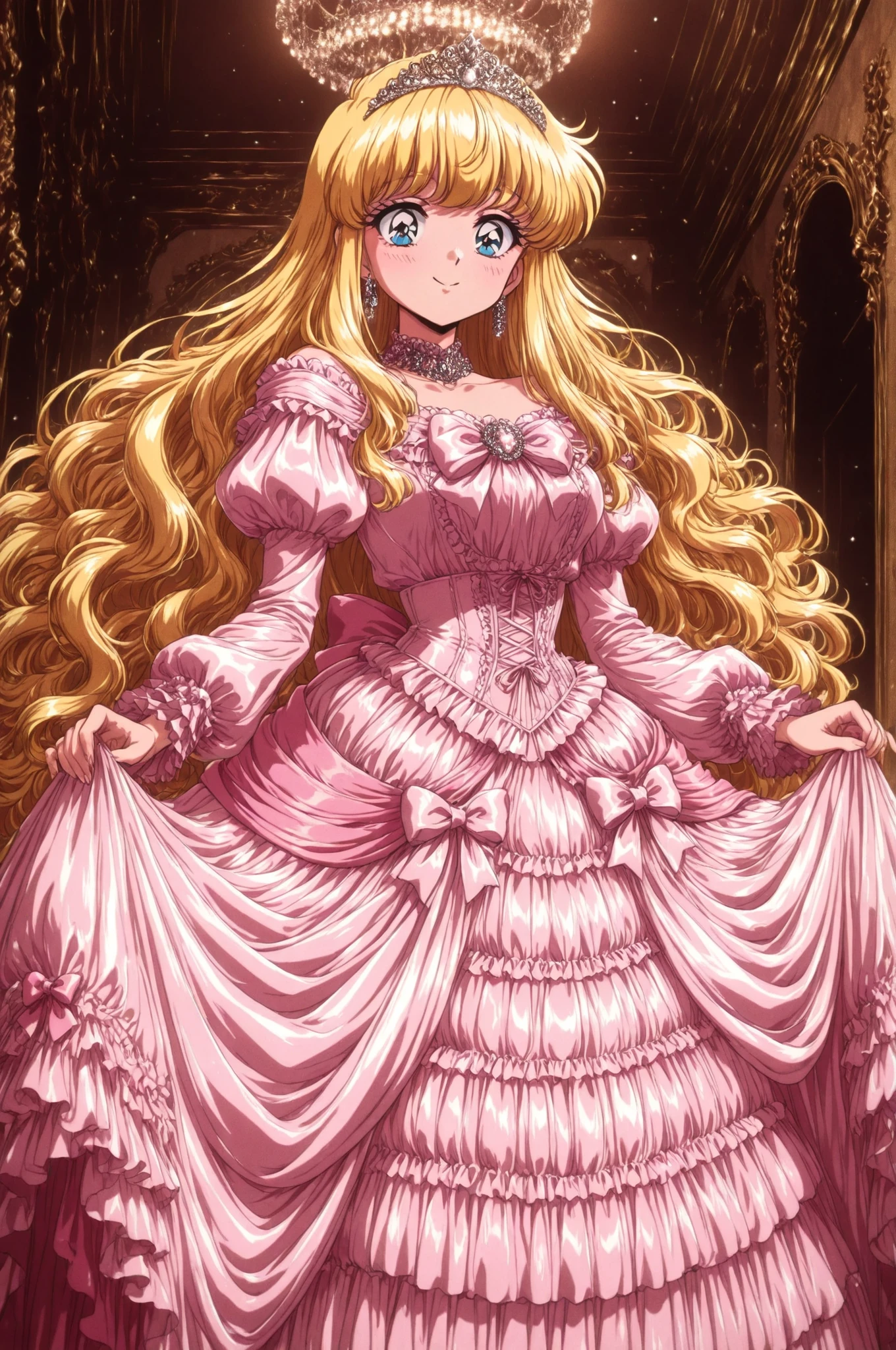 ((Lora.girls book story sdxl,retro anime style,hi vision,)),A Cute Princess, she is smiling,((pink Silk Satin Victorian big Ball Gown Dress.:1.0)),baby face,short tall,long sleeves,The dress is decorated with lots of frills and ribbons., blond wave Long hair that reaches down to the waist,They are wearing princess tiara on the head,in the luxurious European rococo style palace,