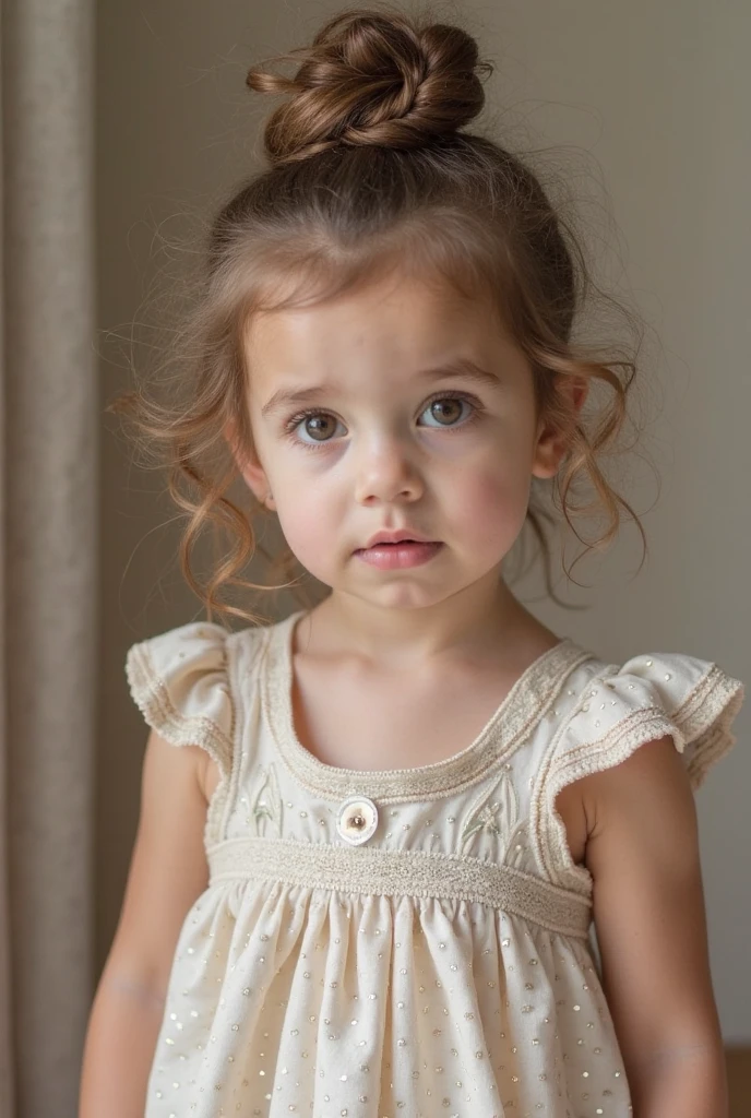 Raise a 3 year old baby with blonde hair, blue eyes, light pink dress
