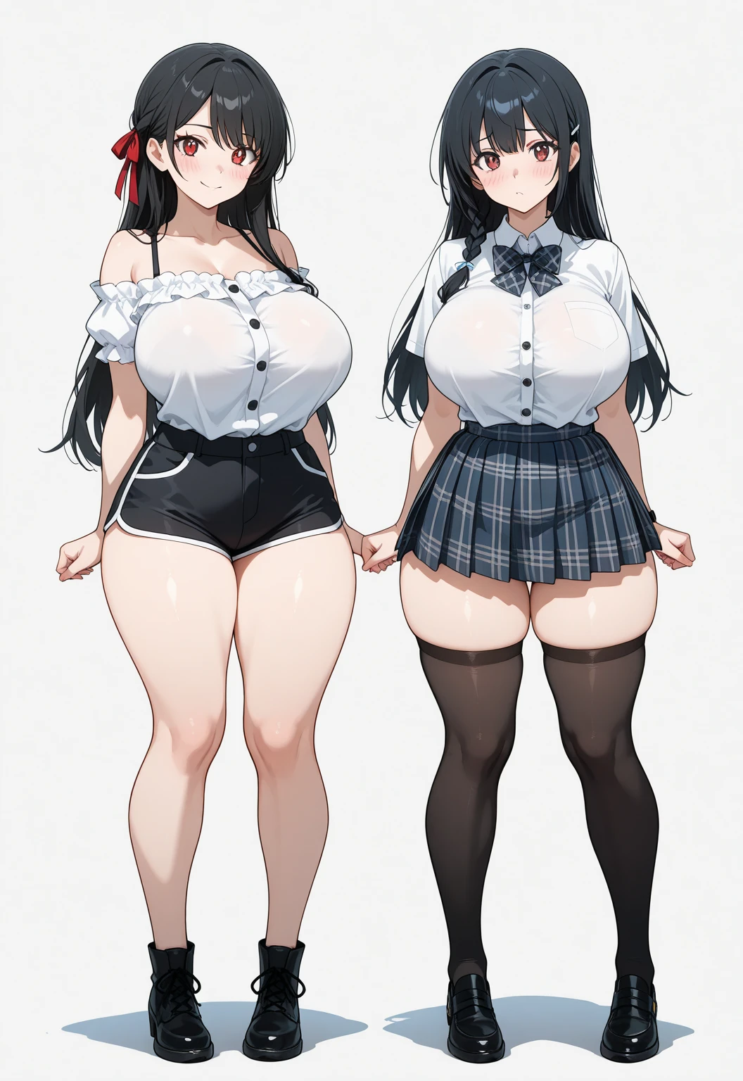 A black-skinned high school girl with plump buttocks, thick thighs, monster-like huge breasts, wearing a thongs and bra, long untied black hair, tits next to each other, emphasizing large boobs,