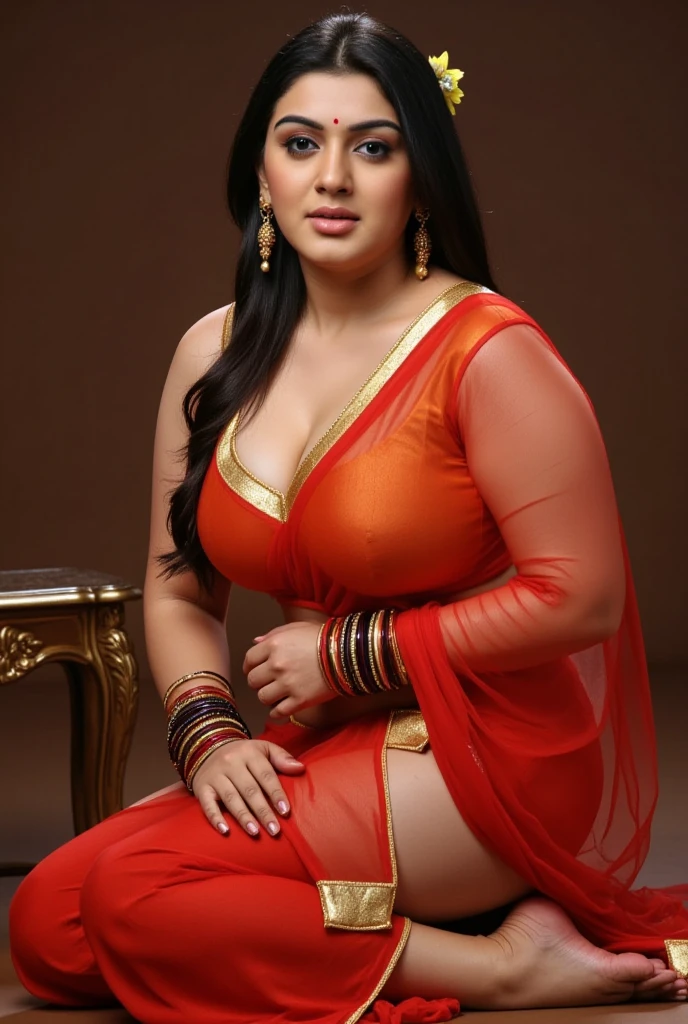 Indian woman masterpiece, best quality, ultra-detailed, (warm hue, warm tone: 1.2), wearing log hook blouse
 under red bra, 20 years old, (chubby cheeks:1.1), (curvy body:1.2), (bindi), An Indian beauty, charismatic, light Indian- skin, view the viewer, naughty smile, Indian village,fat Chubby big Cleavage cinematic light, side lighting, ultra high resolution, best shadow, RAW, seductive look, 4k