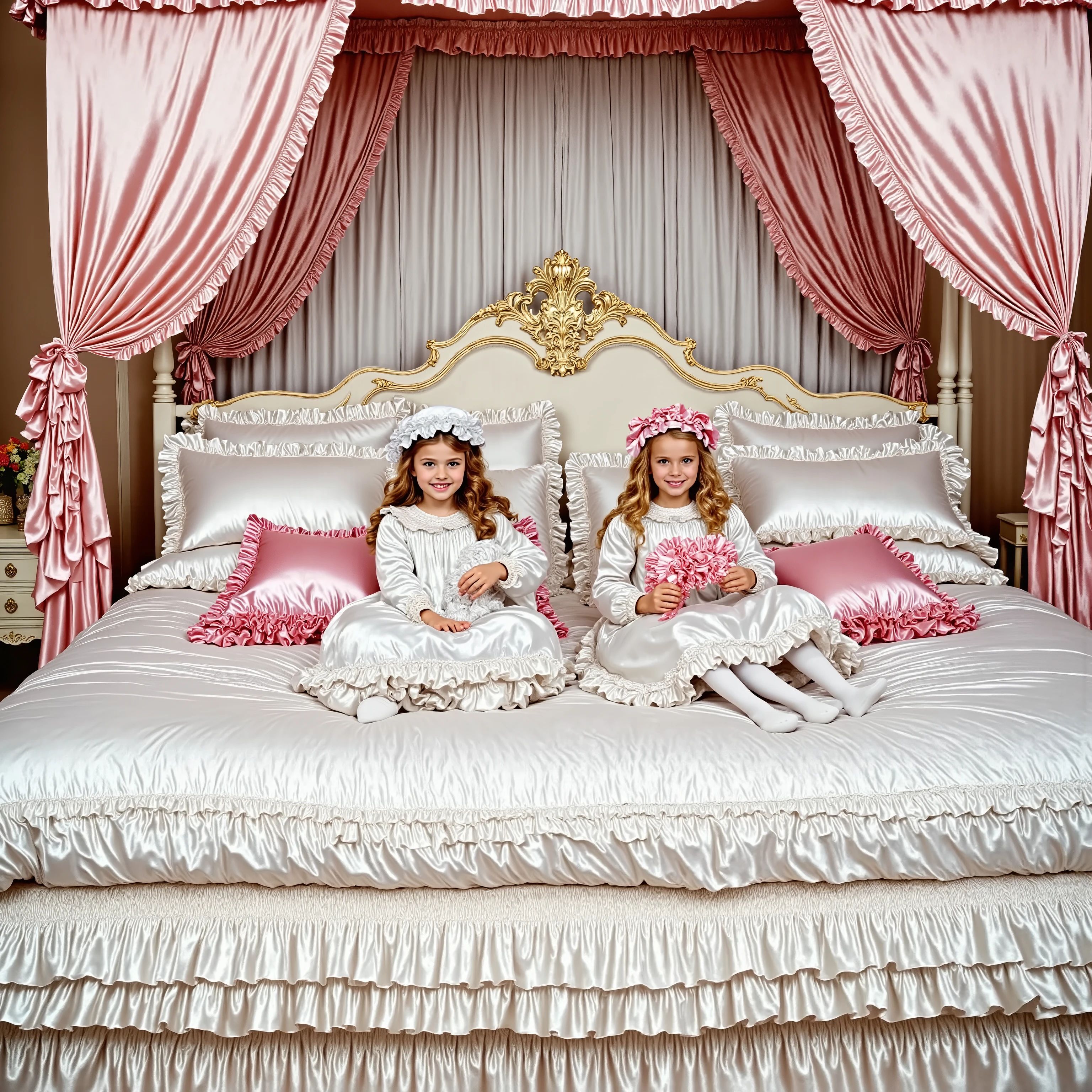 Realistic,highest quality, masterpiece, highest resolution, artwork, super get used to it, many become familiar with, become familiar with, get used to it,change,before bedtime, ,little girl, happy,smile,on the bed,((cute girl on a big bed)),((As a child )), ((little girls pillow fighting on the bed,pillow fight,they have a frilled silk satin pillow:1.2)),((lot of white feather flying,detailed realistic micro feather:2.0)),((ten years old)),european,((blonde very longhair:1.0)),(((white nightgown with lot of frills and ribbons,1920 style victorian nightgowns:1.2))),((frilled Nightcap with ribbon)),((detailed Yoke collar with ruffles and ribbons,detailed ruffed placket:1.0)),((Long sleeves,puff sleeves with ribbons,frilled sleeves)),((frilled Long skirt up to the ankle:1.0)),((The whole body is reflected)),(inside the palace),(in the bedroom at night),Detailed Night view and moon in the window,Before bedtime,White ruffled socks,((Dar view,Big Bed with Lots of frilled pillows,luxurious canopy bed , ,Four-poster canopy bed,King Size Bed,Bigger bed,frilled pillows,More pillows:2.0)), soft and smooth comforter,round puffed comforter,Ruffle Lace Silk.retro white pipe bed frame, realistic,((Out of frame bigger King Size Bed:2.0)), curtain with ruffles ,