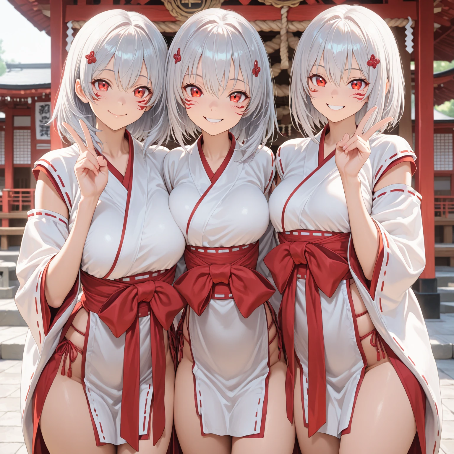 (detailed fingers,detailed hands,detailed eyes,detailed legs:1.2),(night, dark room,japanese style room:1.2),cowboy shot,standing,(3girls,Three people side by side:2),(yuri,nestle:1.5),(nsfw),(The two on the sides sexually assault the woman in the center,The two on the sides have their hands on the crotch of the woman in the middle,The two on the sides are groping the breasts of the woman in the middle,Over the clothes:1.8),(The two on the sides sexually assault the woman in the center,The two at the end smiled happily.,The woman in the center is being attacked and sighs with sexual excitement.,The woman in the center being attacked has her arms down:1.7),(female orgasm:1.2),(pussy juice),(embarrassed,blush:1.2),(steam:1.2),(sweat skin:1.2),(saliva:1.1),(looking down at viewer:1.2),large breasts,crying face,(watery eye),(miko,shrine maiden, japanese clothes, detached sleeves,hakama long skirt:1.5),white panties,(You can&#39;t see the panties with the skirt:1.5),(wet clothes:0.2),same age,All three are dressed exactly the same
