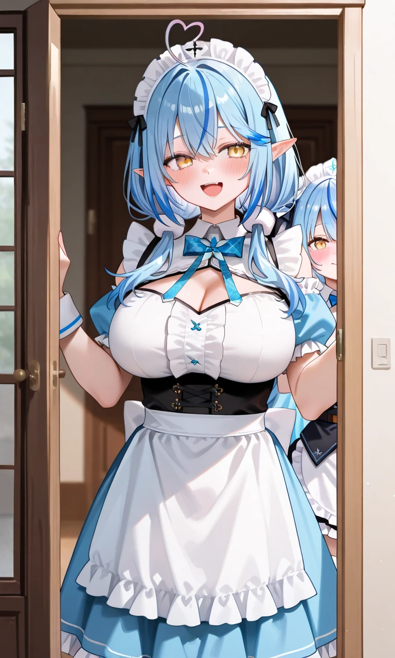 masterpiece, Highest quality, so beautiful, Absurd, 8K, tlps,One girl,alone, Pointed Ears, Single Blade, Aqua Hair, Captivating smile, Bare shoulders, Large Breasts, Cleavage, Side bust, Black Horn,Detachable collar, Crop top, turtleneck, mini skirt, abdomen, Are standing, indoor, palace,((unevenness)Huge breasts of: 1.2)(Cock in the crotch)Mating、Bow-legged、Hands on chest