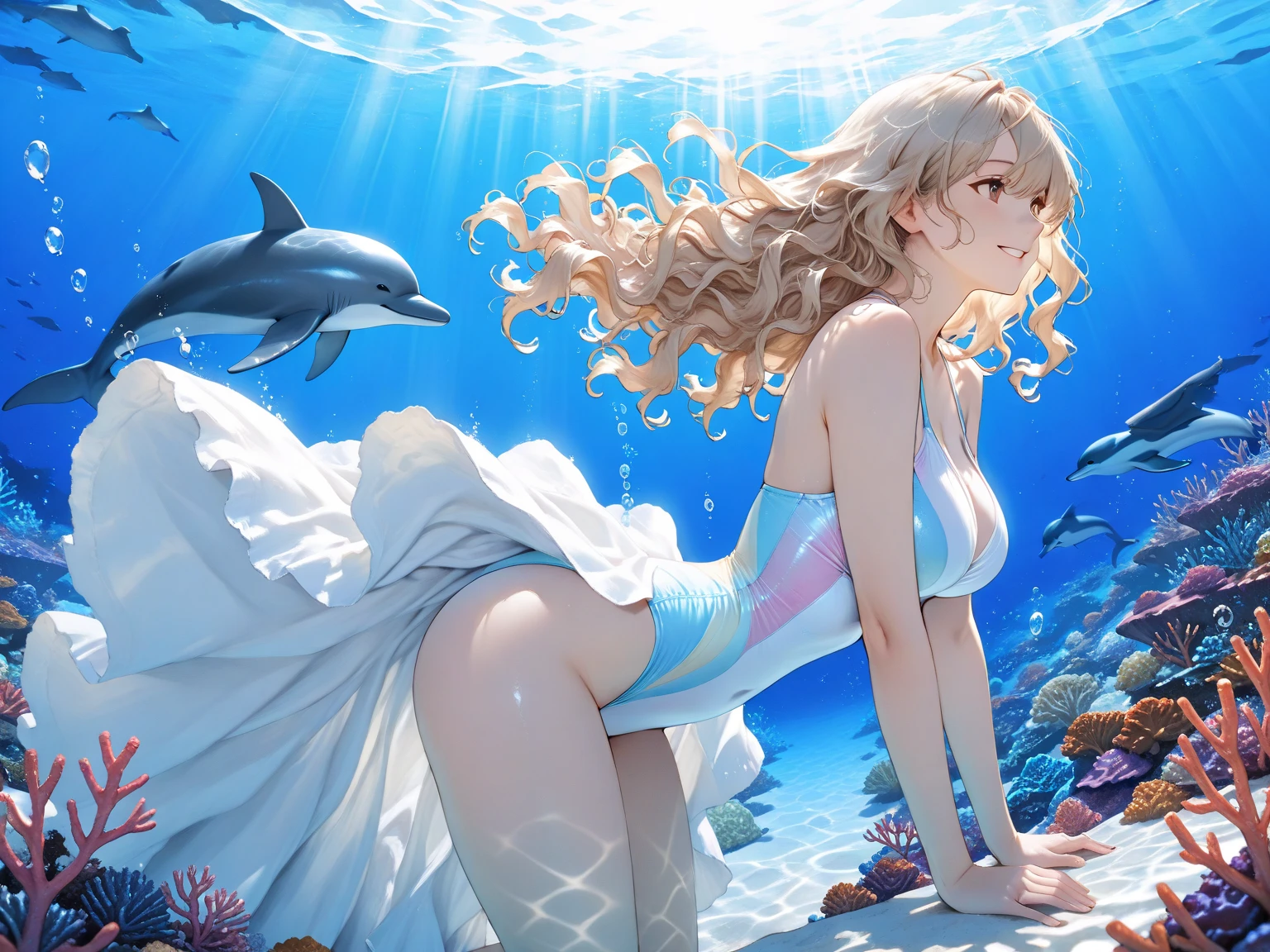 highest quality, masterpiece, every detail, solo, high_res,1 beautiful girl calm down in the sea, not looking at the viewer, white coral, seaweed, clownfish, pretty, milky beige hair, body standard, center, hair decoration, pretty face, light makeup, Tyndall effect, realistic photo, bright studio, realistic artistic lighting, perfect color, clarity, rear angle girl, under the sea, clear, detail, blue sea water, wet glossy body, (high detail skin: 1.2), 8k uhd, dslr, studio lighting, high quality, photo, resolution high resolution, 8k, bokeh effect.