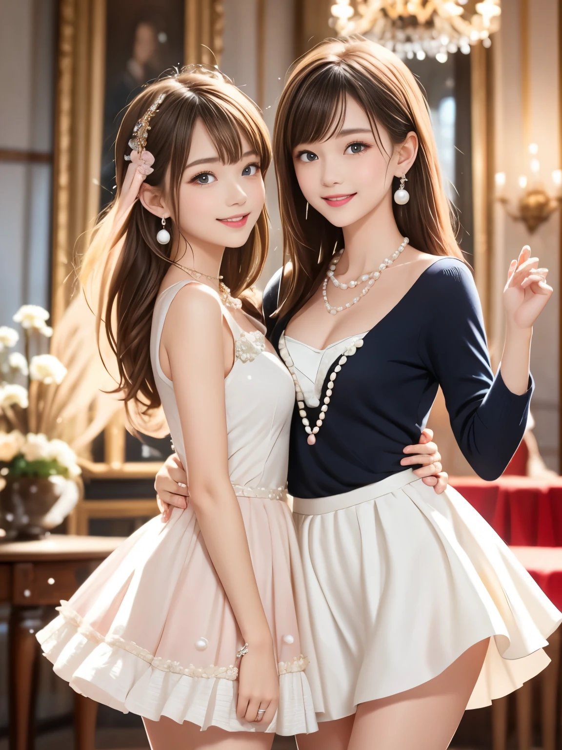 A realistic scene of two adorable young women standing close together, smiling directly at the camera, arm in arm, wearing cute pastel pink and white frilly party dresses with knee-length skirts. One has soft wavy hair in a half-up style with a ribbon, the other has long straight hair with bangs and a delicate pearl clip. Both carry small white handbags and wear pearl earrings and necklaces. The camera angle is straight-on, showing them from the knees up. In the background, an elegant indoor ballroom with chandeliers, warm lighting, and blurred party guests. A romantic and festive atmosphere fills the scene.
