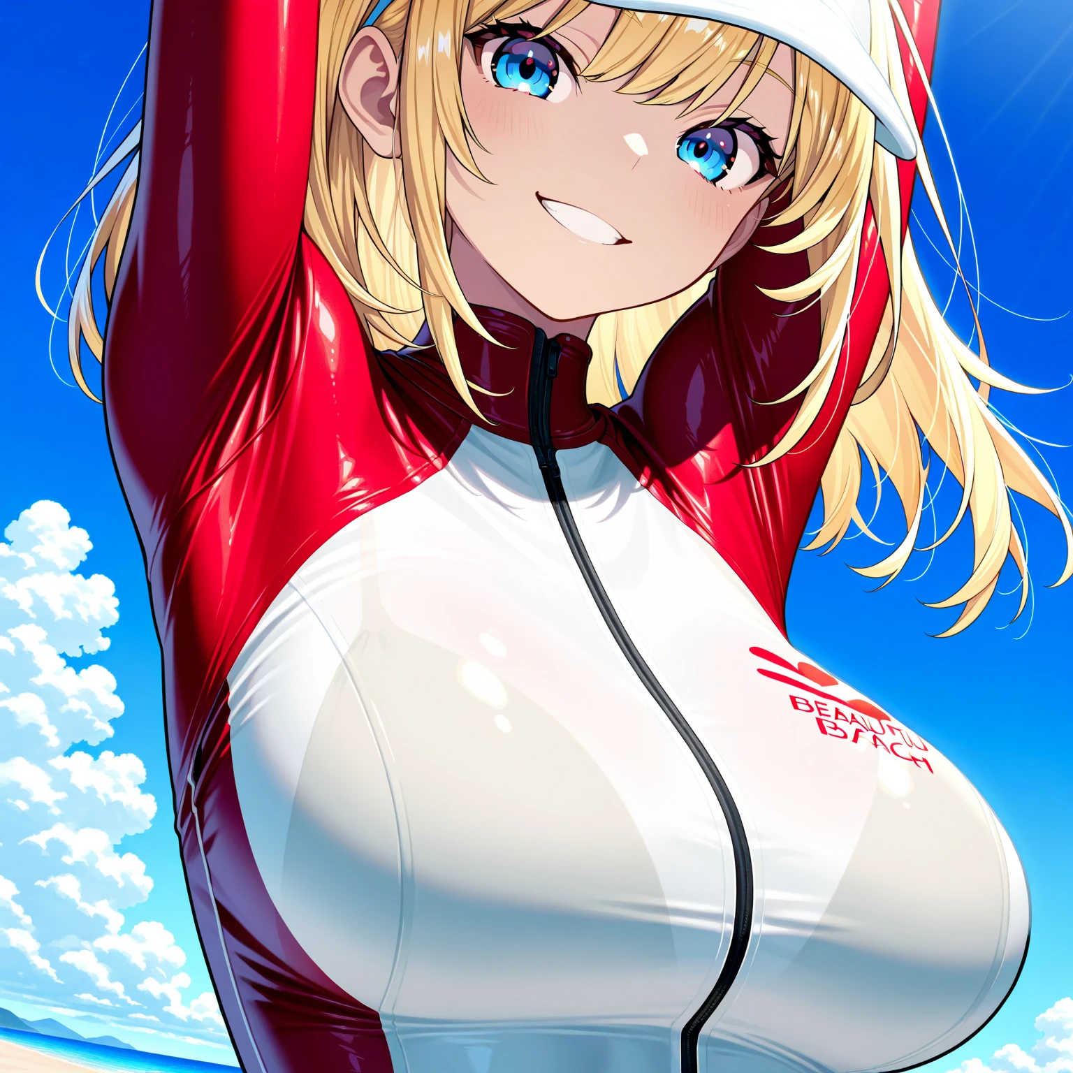 （（super high quality,Ultra-high resolution,16K,super masterpiece,Ultra HD,Ultra high definition:1.3,））One Girl,18-year-old,（Blonde:1.5,Short wavy hair:1.3）,Short Side Ponytail,（Butterfly Shape,Black and purple hair band:1.4,）Emerald eyes,sexly,（（tight,Light pink:1.3,One-piece sweat suit:1.5,））（popped collar,tight襟,Large collar,Open from neck to navel,Fine zipper:1.3,）（light blue butterfly necklace:1.2,）To the camera,Smiling happily,Close one eye, V-sign with one hand,Place one hand on hip,leaning forward with her body angled forward,Sweaty,（Water splashes all over the body:1.5,）Angle looking up from below,a blue sky with clouds and sun,