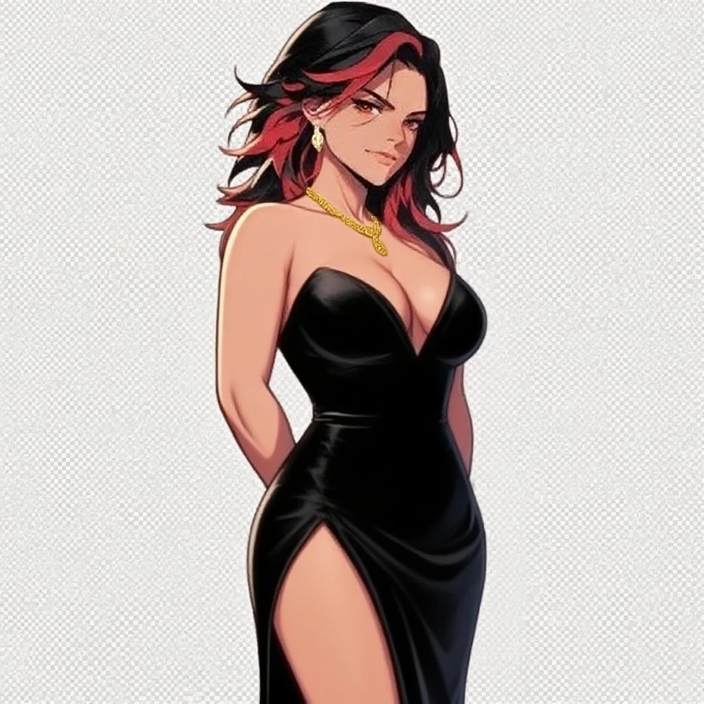 (masterpiece, best quality:1.2), ntrman, 1girl, breasts, cleavage, black dress, nipples, long hair, spaghetti straps, slit, red hair, dark eyes, parted lips, pearl necklace