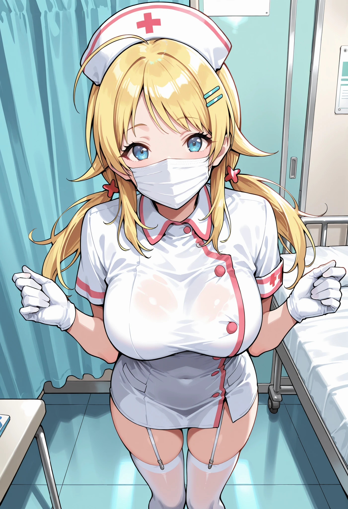NSFW,(((masterpiece))), ((highest quality)), be familiar with, alone, 1 girl, Ruby Hoshino, blonde,fine lingerie,sexy lingerie, chest curtain, nurse cap, latex gloves, sexy pose, neck collar, dog leash around neck,embarrassed face,confused