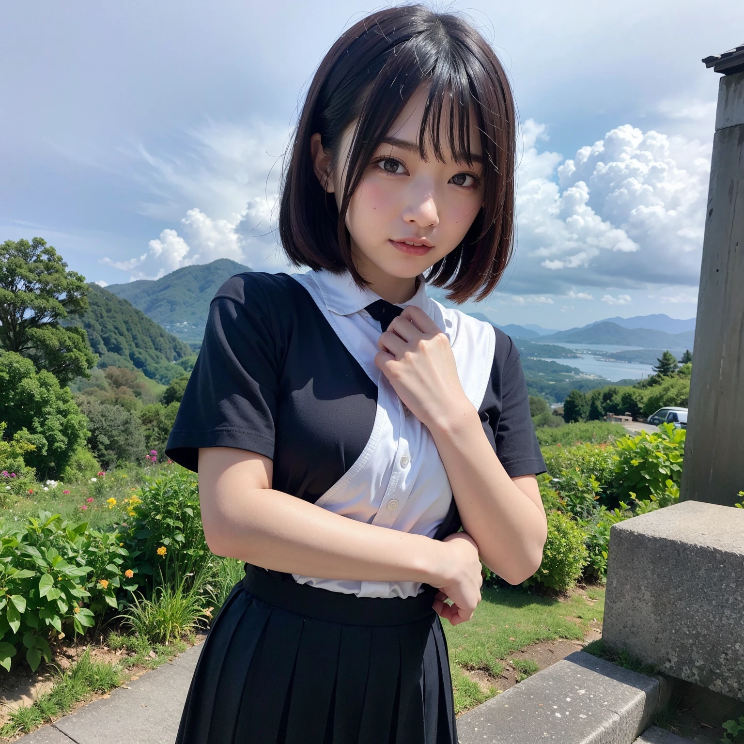 Best quality,raw photo , 19 years old Japanese female idol, from below , POV from below, dynamic angle,leaning forward, Squatting, school uniform , kneehighs , undies ,Short hair, bowl cut ,cute face ,edgy,droop ,wet , on the beach, rain,