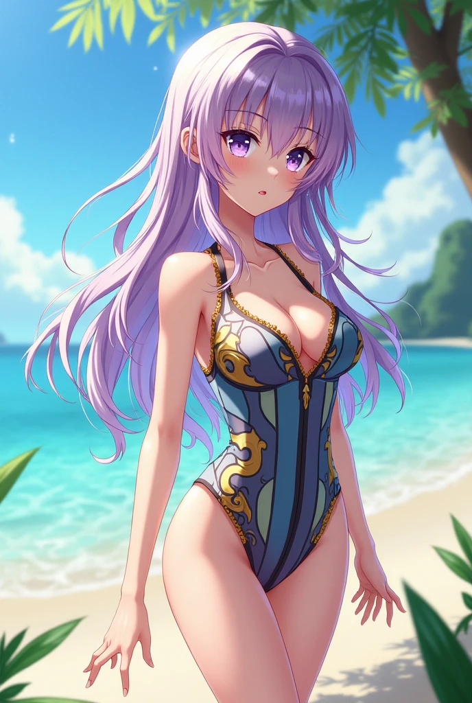 Quinella (SAO character) on the beach,wearing a light purple swimsuit,beautiful detailed eyes and face and extremely detailed lips,gorgeous long light purplish hair waving in the wind,smiling,best quality, 4k, highres,ultra-detailed, realistic, vivid colors,photorealistic,walking towards you,with the sea in the background,sunny weather,soft golden sunlight,gentle ocean breeze