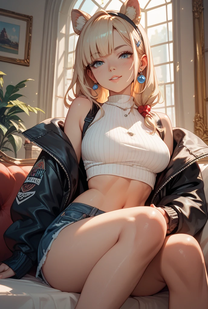 1 girl、18-year-old、beautiful、anime style、realistic face、blonde、medium hair、black jacket、white sleeveless 、jeans、brown belt、show cleavage、medium breasts、legs open, showing panties, sexy