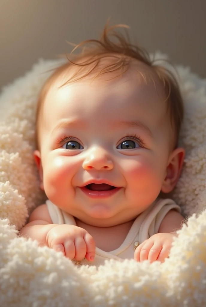 on a light background, Funny Newborn Baby , rosy-cheeked, Very fat, The eyes are blue, smiles and looks at the viewer, holds a pacifier, in a white basket, snow-white on the sides , transparent blue lace, frill, next to a blue flower of a white lotus, covered with a transparent veil, a transparent pink on the side of the head , 8 K (masterpiece), ((top quality)), (super detailed), arms and legs folded funny, makes you smile , holds a blue pacifier,