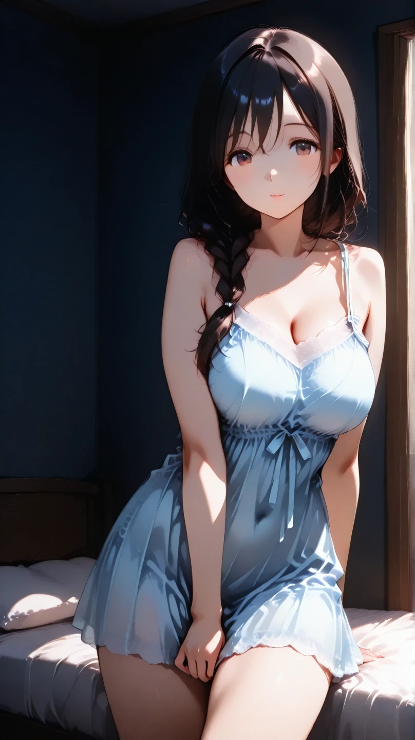 realistic, 1girl, black hair, green eyes, glowing eyes, denim top, skirt, parted lips, blush, night, old mirror, ghost, night, neckline , big breast,