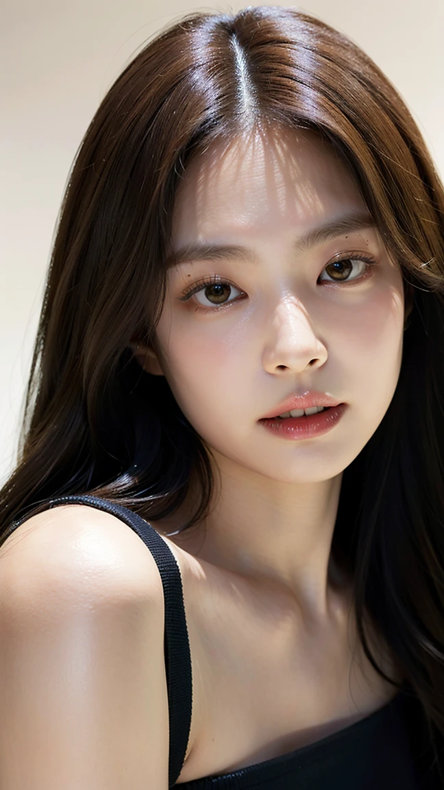 Best quality, masterpiece, ultra high res, (photorealistic:1.4), raw photo,1girl, solo, realistic, lips, looking at viewer, teeth, long hair, parted lips, nose, upper body, brown hair, simple background, brown eyes, black dress,  