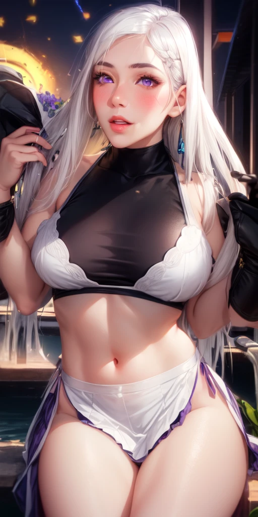 Realistic, 1girl, white hair, black eyes, glowing eyes, cut top, skirt, parted lips, blush, night, flowers, sun, sunlight, exposed, black silk