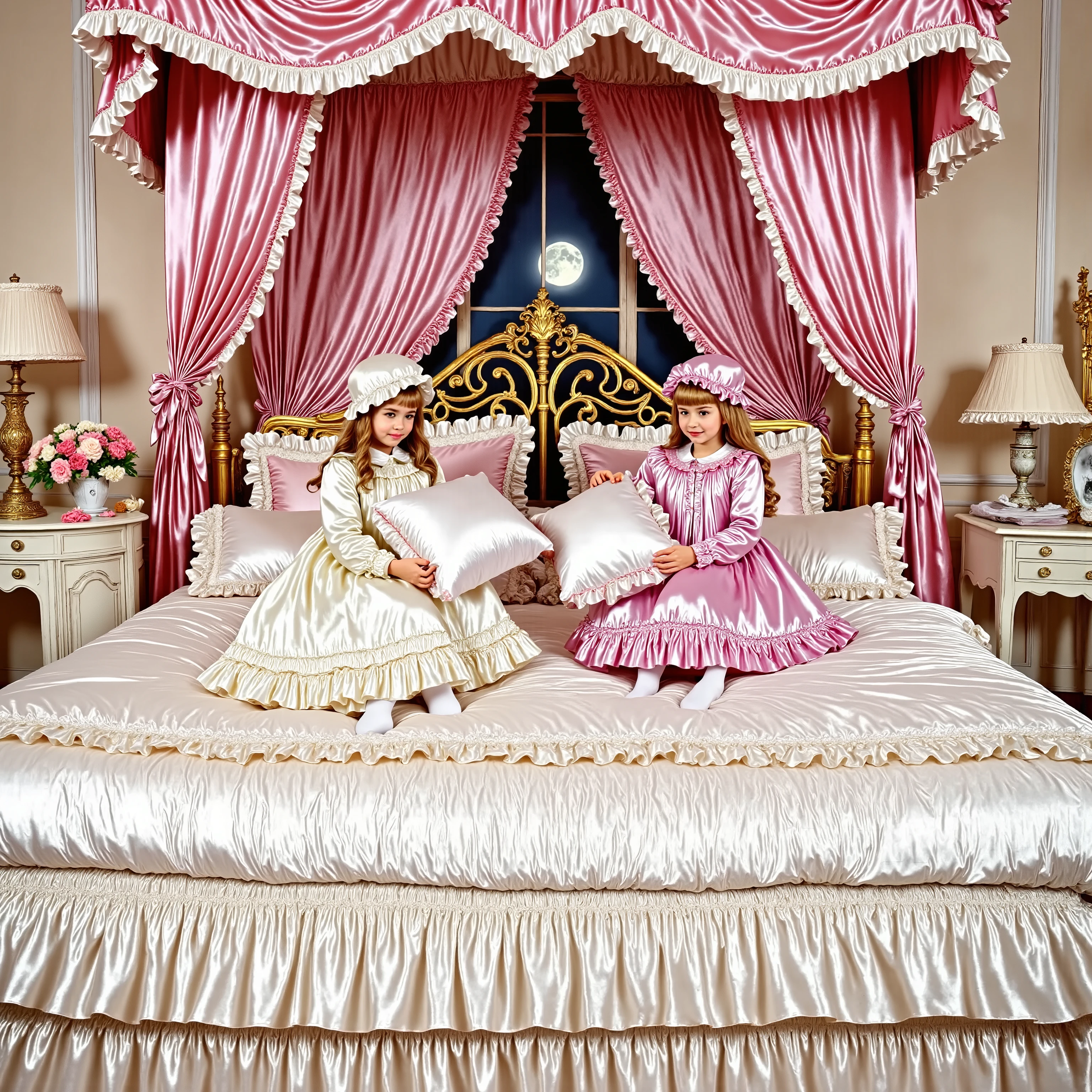 Realistic,highest quality, masterpiece, highest resolution, artwork, super get used to it, many become familiar with, become familiar with, get used to it,change,before bedtime, ,little girl, happy,smile,on the bed,((cute girl on a big bed)),((As a child )), ((little girls pillow fighting on the bed,pillow fight,they have a frilled silk satin pillow:1.5)),((lot of white feather flying,detailed realistic micro feather:2.0)),((ten years old)),european,((blonde very longhair:1.0)),(((white nightgown with lot of frills and ribbons,1920 style victorian nightgowns:1.2))),((frilled Nightcap with ribbon)),((detailed Yoke collar with ruffles and ribbons,detailed ruffed placket:1.0)),((Long sleeves,puff sleeves with ribbons,frilled sleeves)),((frilled Long skirt up to the ankle:1.0)),((The whole body is reflected)),(inside the palace),(in the bedroom at night),Detailed Night view and moon in the window,Before bedtime,White ruffled socks,((Dar view,Big Bed with Lots of frilled pillows,luxurious canopy bed , ,Four-poster canopy bed,King Size Bed,Bigger bed,frilled pillows,More pillows:2.0)), soft and smooth comforter,round puffed comforter,Ruffle Lace Silk.retro white pipe bed frame, realistic,((Out of frame bigger King Size Bed:2.0)), curtain with ruffles ,