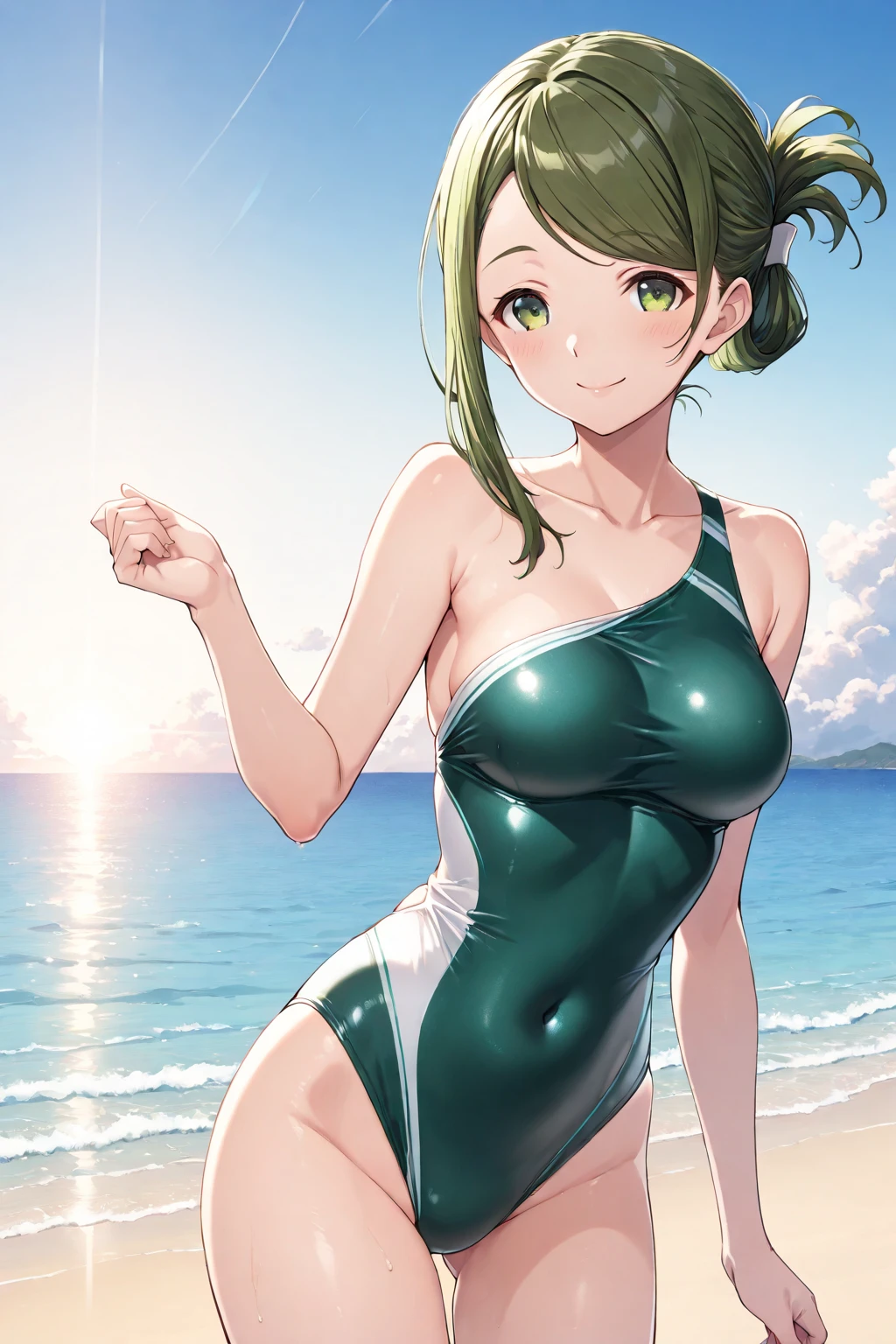 (pov swimsuit style) (beautiful body), (solo:2, 15 yo, ponytail green hair long hair lovely girl, cute yellow eyes, happy smile), (hands put on tits, in a cute one piece swimsuit), break, in the sunshine beach, background Double Exposure beautiful ocean, BREAK, perfect anatomy, masterpiece, best quality, 16k, beautiful detailed love, sexy, daydreaming expression.