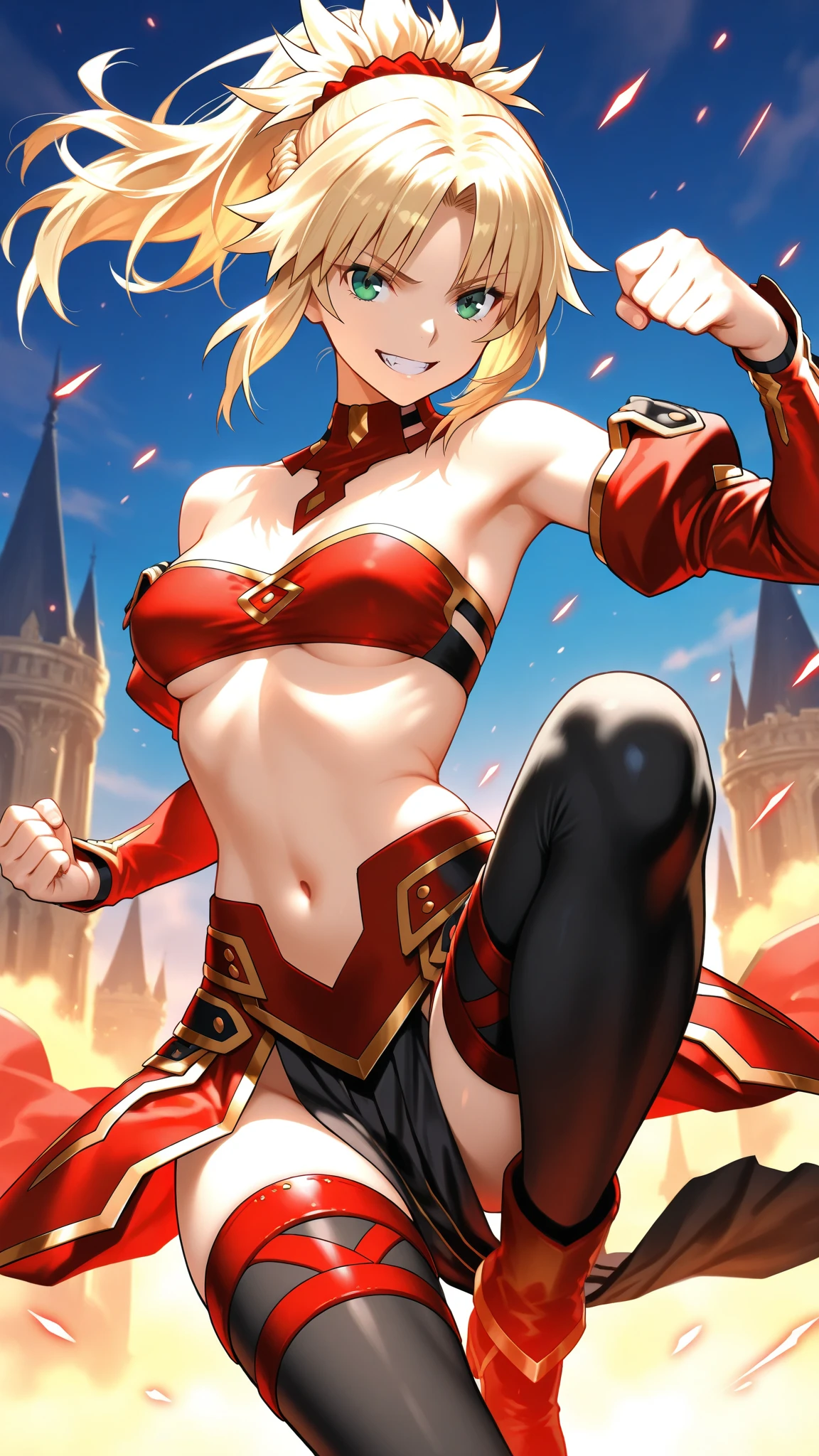 highest quality、cinematic lighting、crimson gladiator woman、Rin々nice face、arena、panties、deep red gladiator costume、full of sweat、dripping sweat、open your legs、(blonde ponytail)、