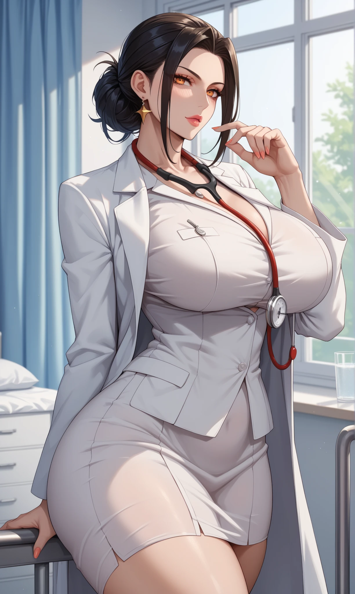 Aiko, brown eyes, folded ponytail, brown hair, doctor, labcoat, stethoscope, pencil short skirt, thighhighs,
jewelry, hands on chest,see-through, looking at viewer, hair ornament, choker, shy,
(masterpiece, top quality, best quality, official art, beautiful and aesthetic:1.2), (1 girl), extreme detailed, colorful, highest detailed,
(huge breasts:1.2, upper body, from below, cameltoe, ) white panties,
city,street, leaning, wall, sun, cloud,