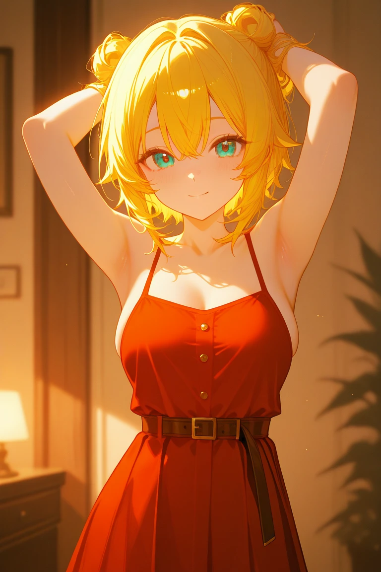 score_9, score_8_up, score_7_up, score_6_up, score_5_up, score_4_up, BREAK source_anime, 1girl, solo,
<lora:ZeldaXL-v2-07:0.85>, ChopioZelda, blonde hair, aqua eyes, pointy ears, looking at viewer,
medium breasts, short hair, crown braid, sidelocks, parted bangs, hairclip, petite,
seductive smile, smug, sexy pose,
bedroom, bed, standing, tight dress, long dress, red dress, spaghetti strap, cleavage, bare shoulders, covered nipples, arm above head, armpit, from side,
