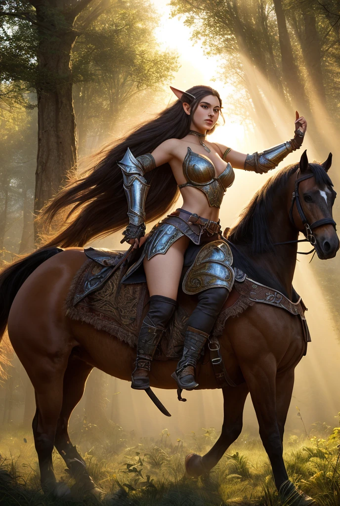 A centaur with a beautiful female face proudly holds a sword in the forest, Wear clothing that conveys elegance and strength. steadily, He is ready to face any threat that may be lurking in the dense woods.. Large Breasts. 35 mm, F/2.8, Hyperpolarizers, elegant, Very detailed and complex, masterpiece, Surreal,  Practical. Image rendered in K HDR, High octane is also super detailed, Super Resolution, masterpiece, Practical. 