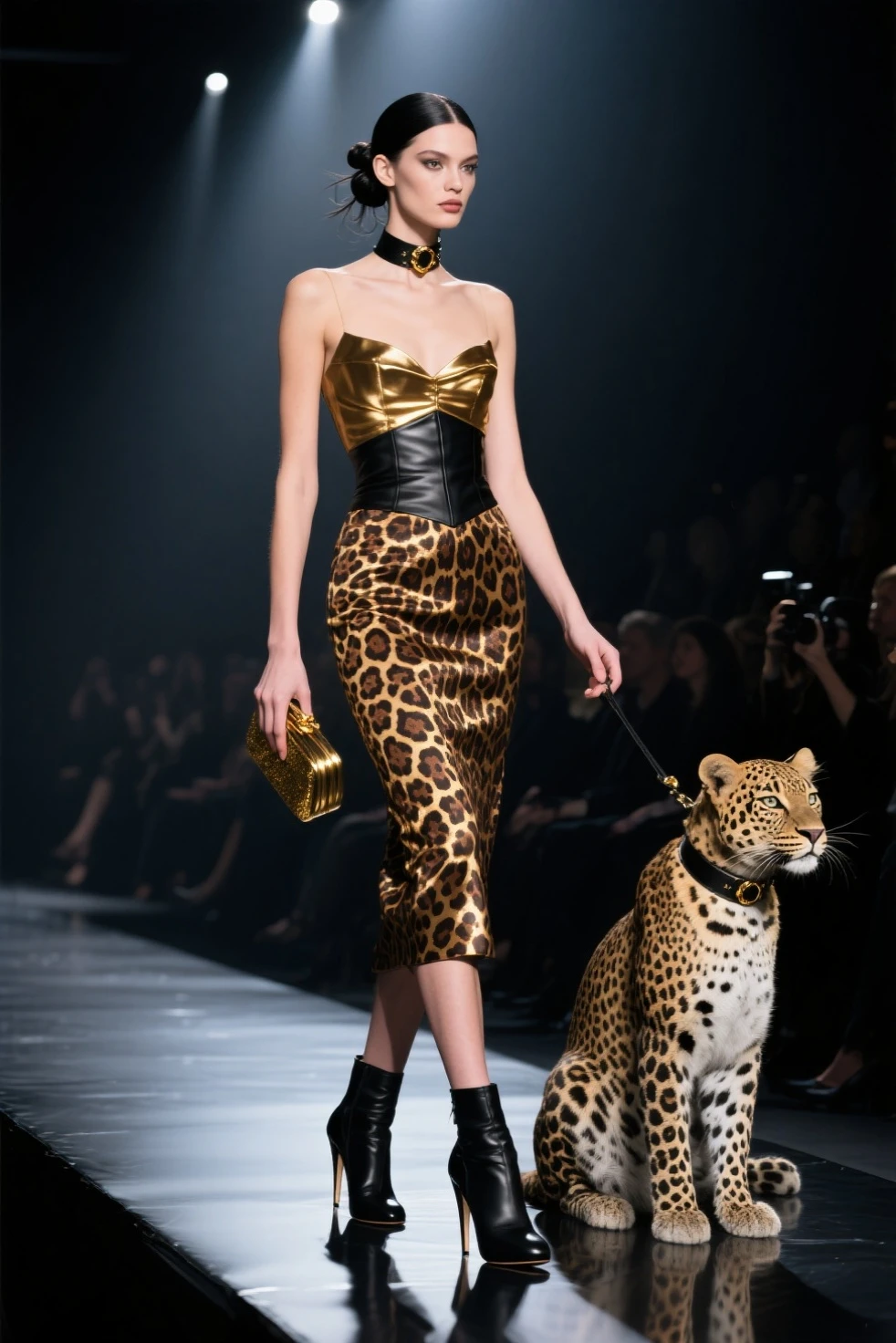 Silhouette of beauty queen on a white background decorated with jaguar and green bird, coctail dress