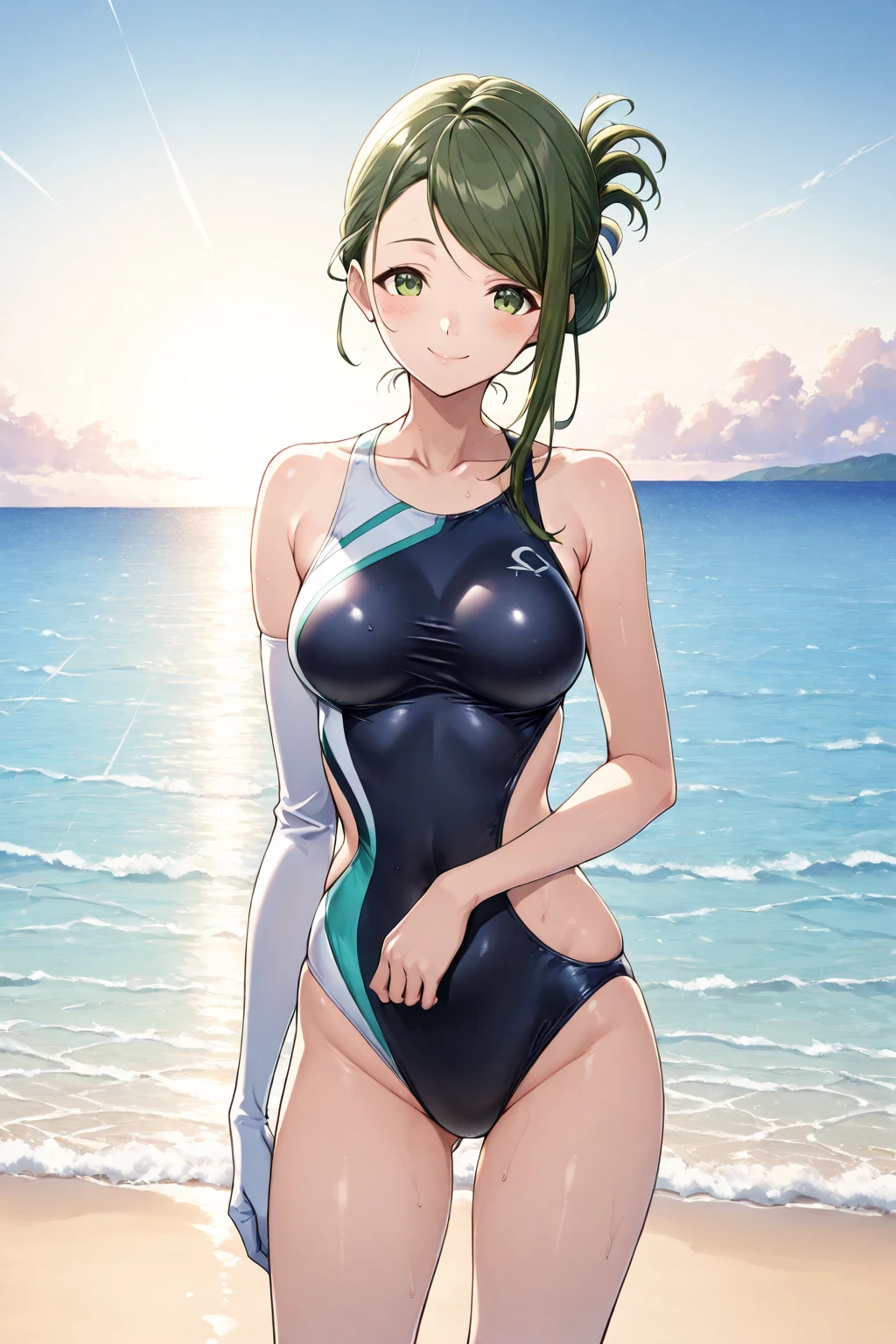 緑色の髪をしたSwimwearを着た女性の絵, Rumiko Takahashi-inspired colored pencil sketches, tumbler, Art Nouveau, in retro Swimwear, is wearing a Swimwear, Monokini, Mid-body portrait, Swimwear, Short full body portrait!, Full-color painting, Colored line art, Color Sketch, mermaid body, Shading animation cel