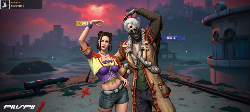 Male Punk and gorgeous female with huge breast, looking at man with inviting smile. Stylized tornado over badlands landscape.