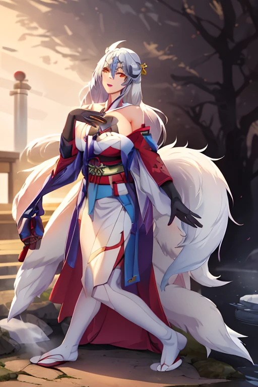 (Best quality),4K,Noble female nine-tailed white fox,furry ears and hands and feet,long leges,The expression is fascinating,Wear tribal clothing,forest backgrou,orc race,Pink Long Hair