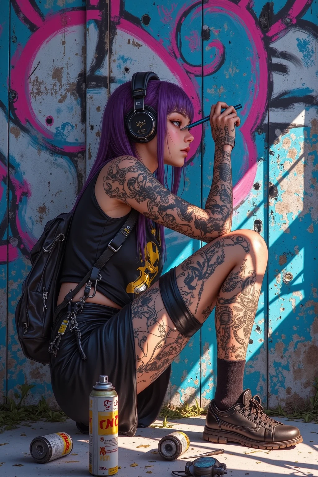 Create an image of a woman that blends cyberpunk and graffiti themes. She should be dressed in edgy, futuristic clothing with neon accents, embodying the cyberpunk aesthetic. Her surroundings should feature vibrant, colorful graffiti art, creating a dynamic urban backdrop. The overall atmosphere should be gritty and futuristic, highlighting the fusion of technology and street art.