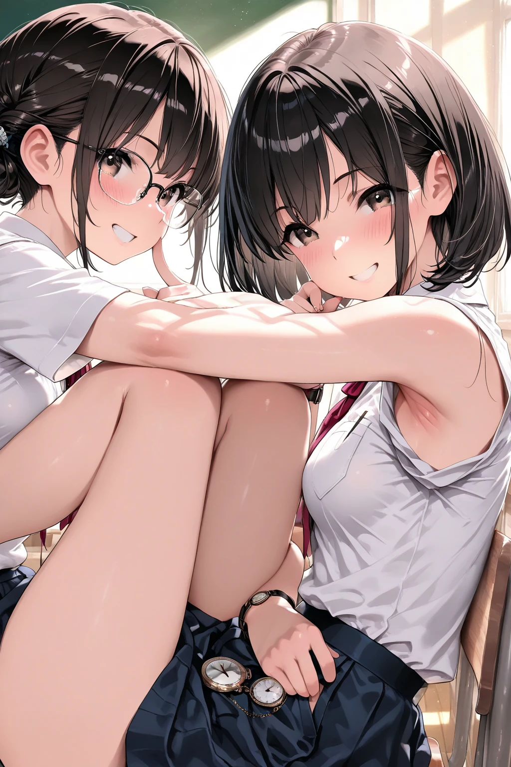 masterpiece, Highest quality,   Accurate anatomy、solo、Looking at the audience　school uniform, tokiwadai_School_uniform, White shirt, Sweater vest, Plain grey mini skirt, , White loose socks, Leather shoes, Sit on、Spread legs、Hold your feet with your hands、Luxury white panties、Cute Underwear、,(((Roll up the skirt yourself))),(Lifted it himself),(Showing panties),Panty Focus,((get up,Spread your legs)),(( Exposed crotch)）、((Middle kick:1.))、Sexy、invite