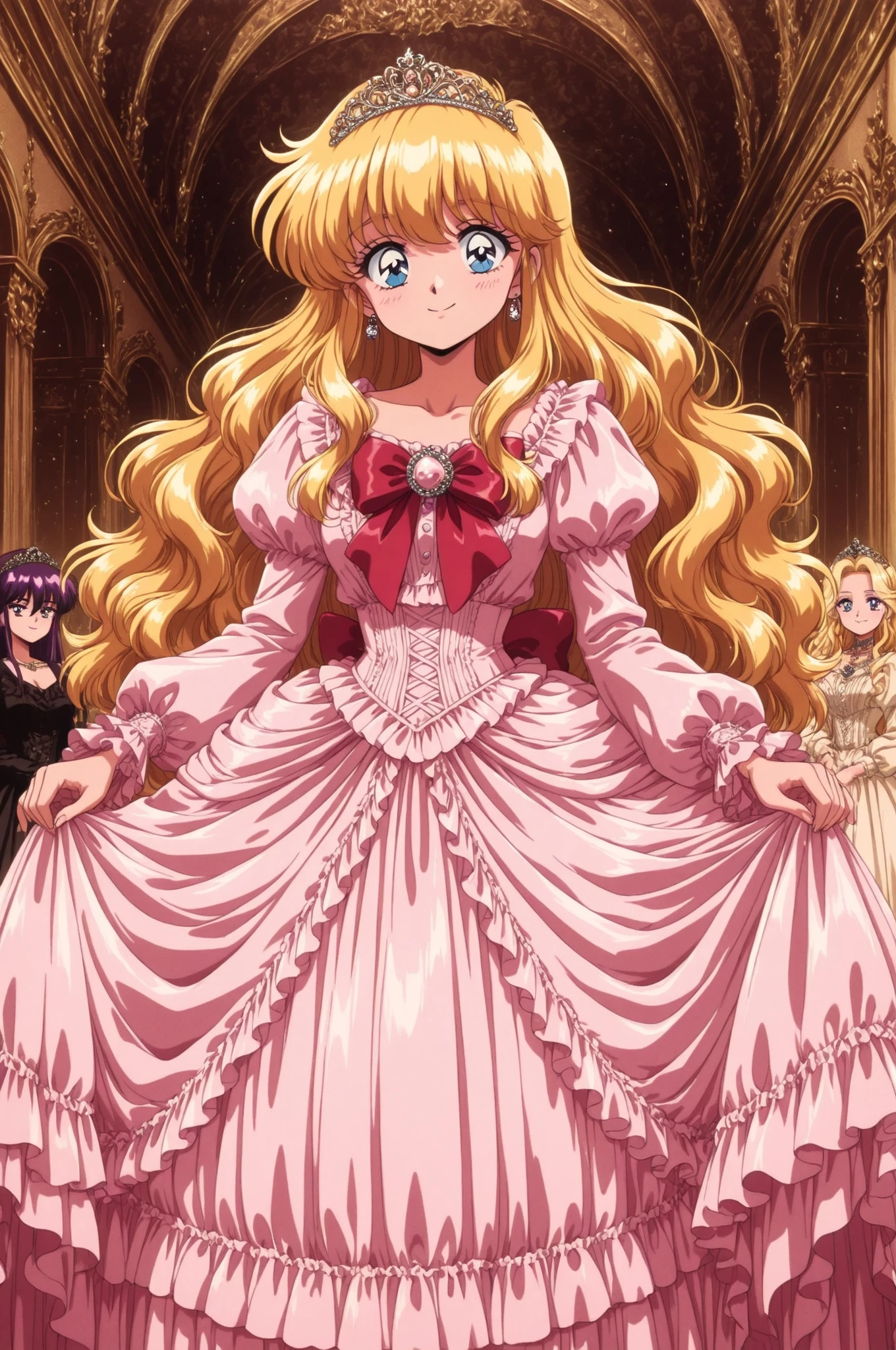 ((Lora.girls book story sdxl,retro anime style,hi vision,)),A Cute Princess, she is smiling,((pink Silk Satin Victorian big Ball Gown Dress.:1.0)),((little girl,baby face,short body height:1.0)),long sleeves,The dress is decorated with lots of white frills and red ribbons., blond wave Long hair that reaches down to the waist,They are wearing princess tiara on the head,in the luxurious European rococo style palace,