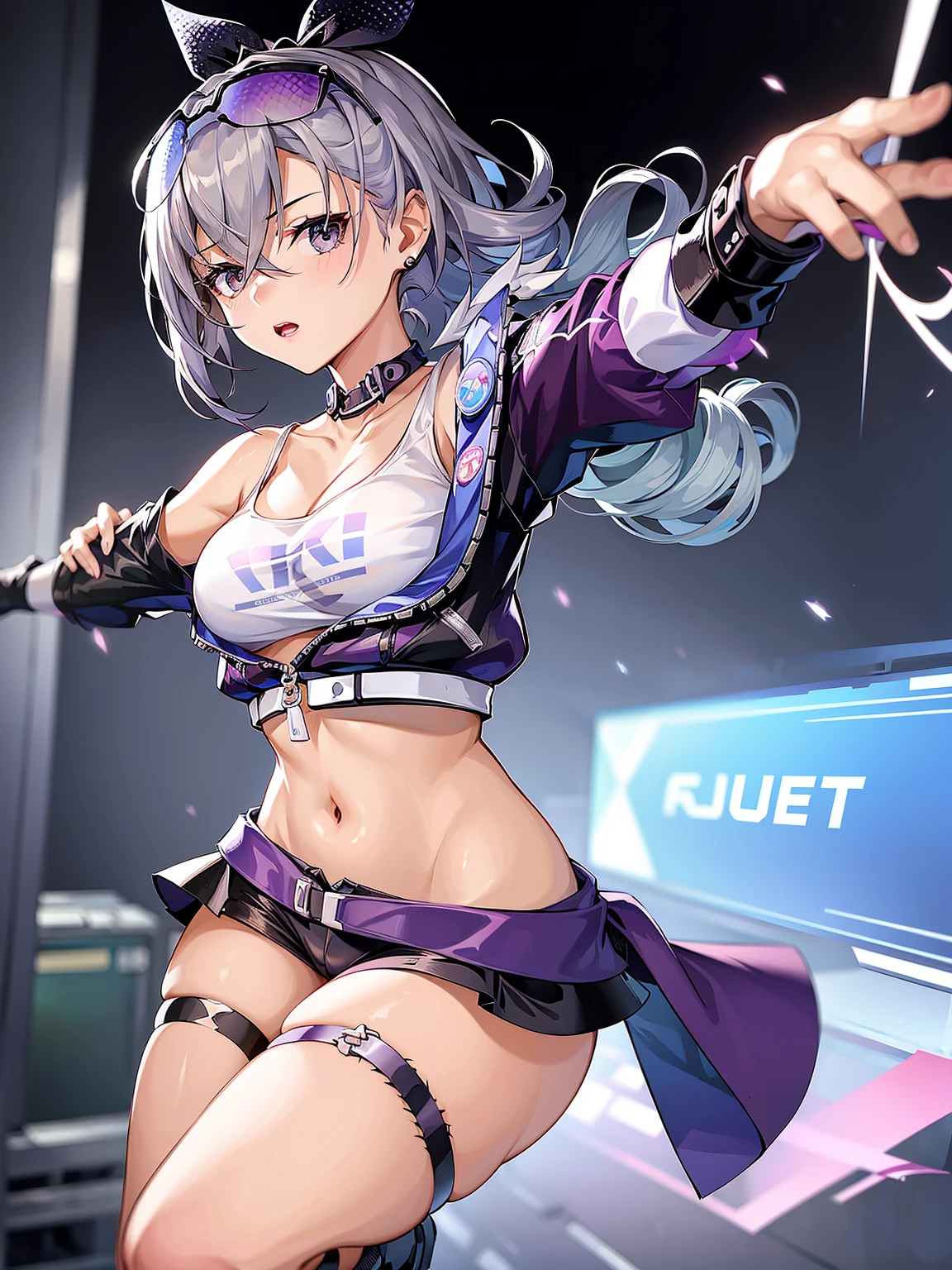 top-quality、Top image quality、​masterpiece、girl with((cute little、18year old、Best Bust、Medium bust、Bust 85,Beautiful blue eyes、Breasts wide open,Long Black Hair、A slender、Middle knot、Black Sports Bra、White short skirt,Reflecting the whole body、Black perforated gloves、Sweating、Straight punch、Splattering sweat)）hiquality、Beautiful Art、Background with((clubhouse、Blue lighting、Purple Laser Illumination、Red laser illumination,Yellow laser illumination,fitness club、natta、Virtual Worlds)),masutepiece、Elaborate design、visualart、depth of fields、The best lighting、highestdetailed、8ｋ,Super delicate