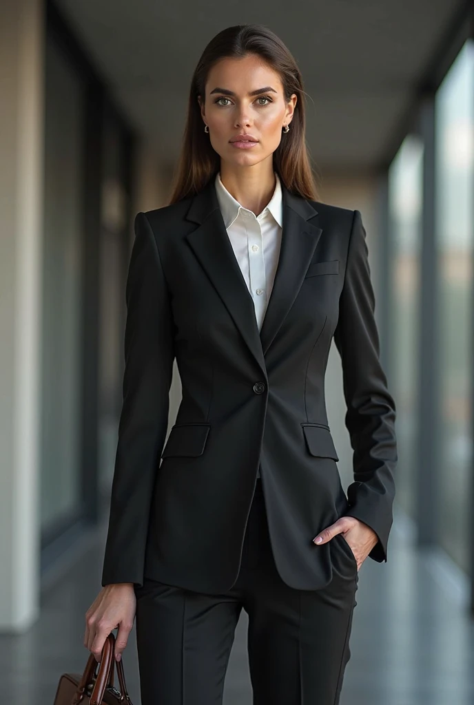 A realistic photo of beautiful and elegant italian business woman with  black skirt suit, light makeup, long straight brown high straight ponytail hair , high quality, very detailed, perfect fit,