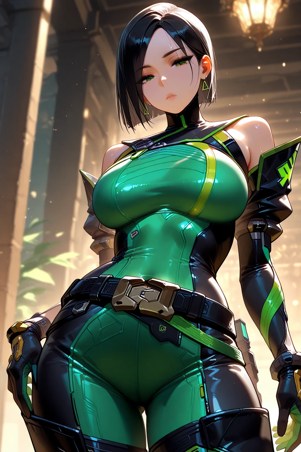 4K, A high resolution, Best quality at best, masterpiece, perfect colors, perfect shadow, perfect litthing, ((sportrait)), 1woman, fit body, heterochromia eyes,dark blue hair , blue eyes, With round lenses, The audience watched carefully, (s face: 1.2), Perfect female figure, ((dynamic pose)), ((green and yellow Tight crop top green and yellow leather suit)), ((shy and looking at viewert)), (Perfect thick white eyebrows) Delicate fur, 详细s face, s the perfect face, , (dynamic pose), big breast, open half breast