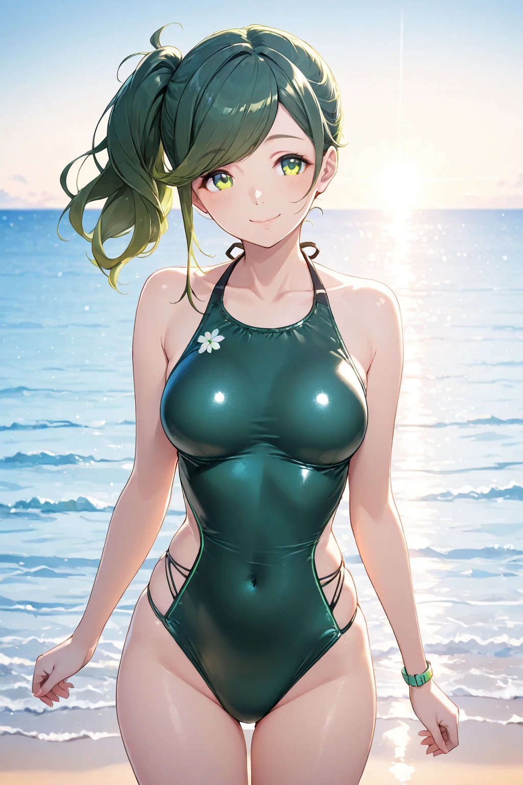 a seductive wet woman with neon-green sling leotard sitting on beach, dark skin, sling leotard, she is smiling, silver eyes, black curly hair, short curly hair, sitting, night sky, neon-green leotard, tanned skin, sweaty body