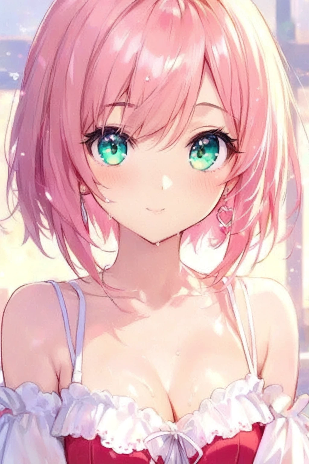 (pastel color palette), detailed aqua eyes, pink hair, (aqua eyes), Official art, Unity 8k Wallpaper, Ultra-detail, Beautiful and aesthetic, masterpiece, Best Quality, 1girl, ((big tits)), Extremely detailed, elegant, vivd color, romanticism, arms behind back, ((kawaii fashion)), (cute hat), shiny skin, sexy pose, heavy blushing, upper body, straight on, (cleavage), funky graphic design, (((anime style))), portrait,