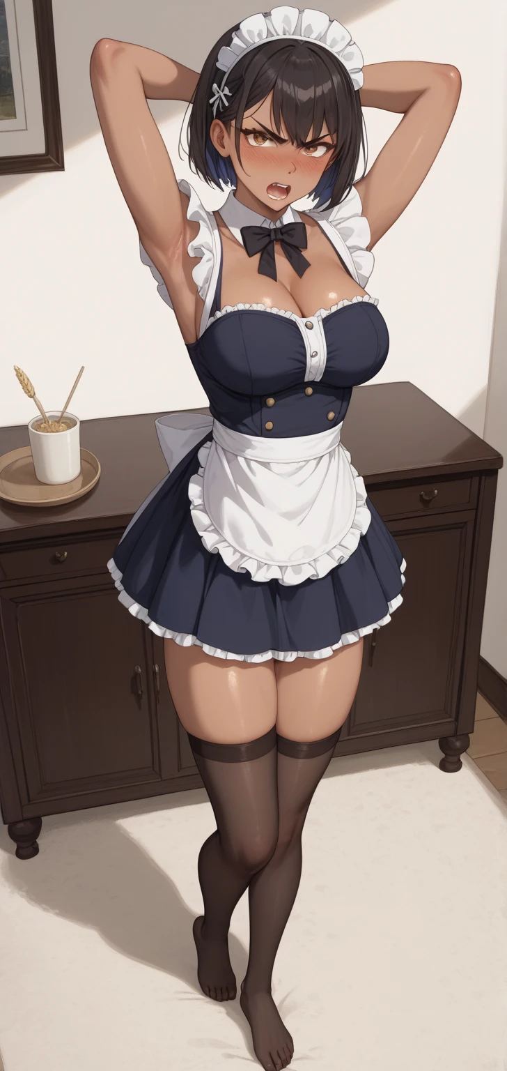 ((masterpiece, Best)), (1girl), （Sitting on the toilet），Exquisite details，Perfect picture quality，Huge ass，(mature woman), light pink hair, trumpet, ((office lady), bangs, mid-breasted,Tights，