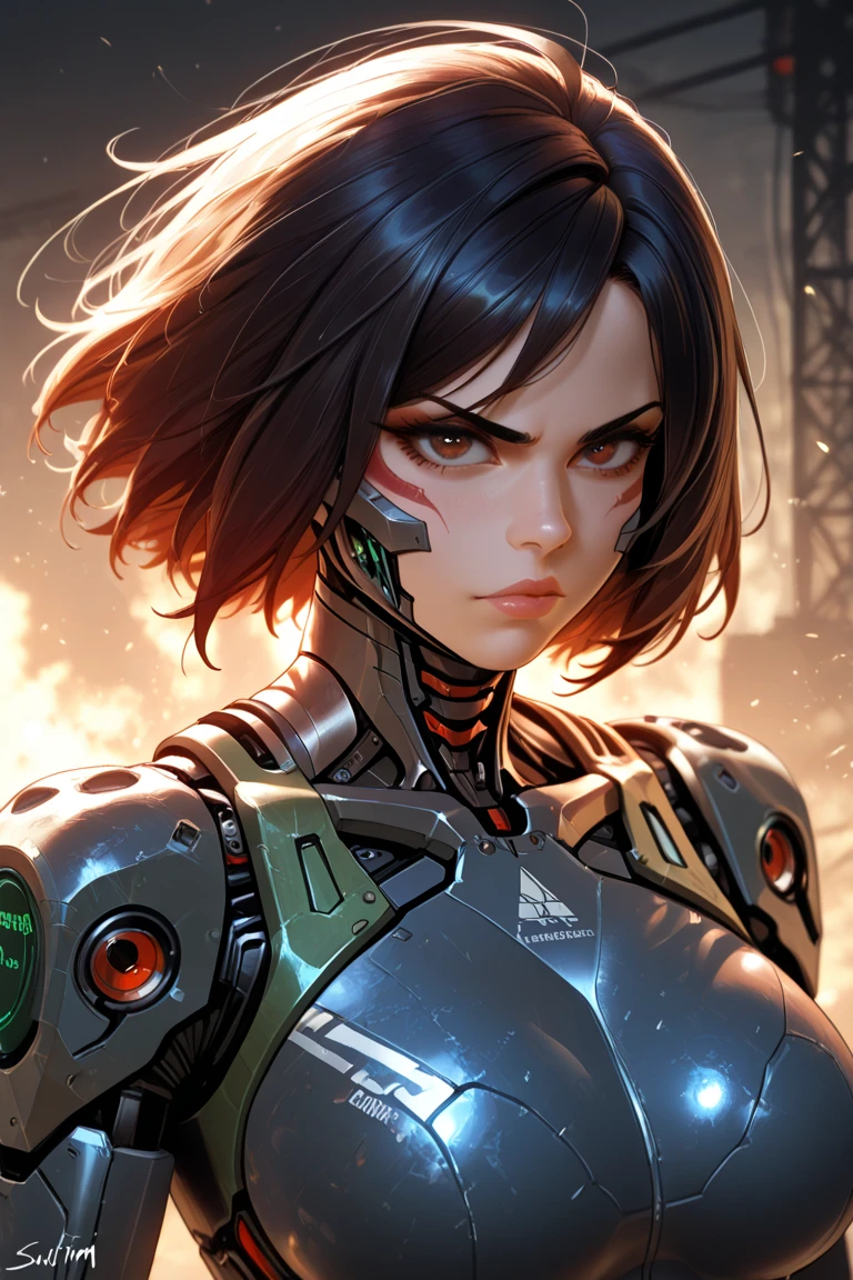 A highly detailed and realistic skull girl,( eyeballs. Taylor Alegria) cyberpunk character, furious mad max, one-handed robot, Cyborg arm, hair orange, dramatic metal heavy rock theme, best qualityer, 8K, hyper realist, photorrealistic, extremely detailed painting, studio lighting, bright coloured, dark and moody atmosphere, cinematic, dramatic pose, intricate mechanical details, glowing energy effects, intense sandy textures, Seamless integration of organic and inorganic elements. Wearing the used clothes of a deserter. fund: An apocalyptic desert. Dusty and depressing.